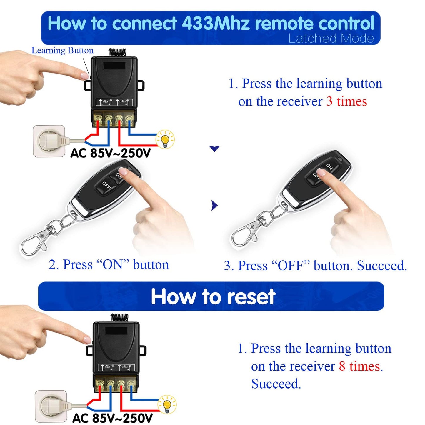 433Mhz Wireless Remote Control Switch AC 110V 120V 240V 220V 30A Relay Receiver with 2 Transmitters for Light Water Pump Household Appliances Farm Irrigation and Electrical Equipment