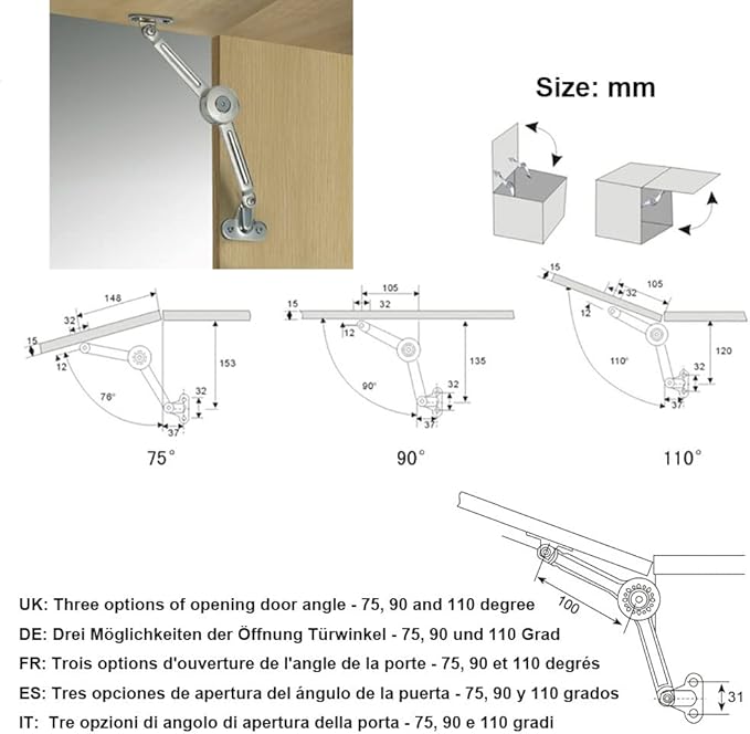 2 Packs Cabinet Cupborad Furniture Door Lift Stay Support Hinge Damper