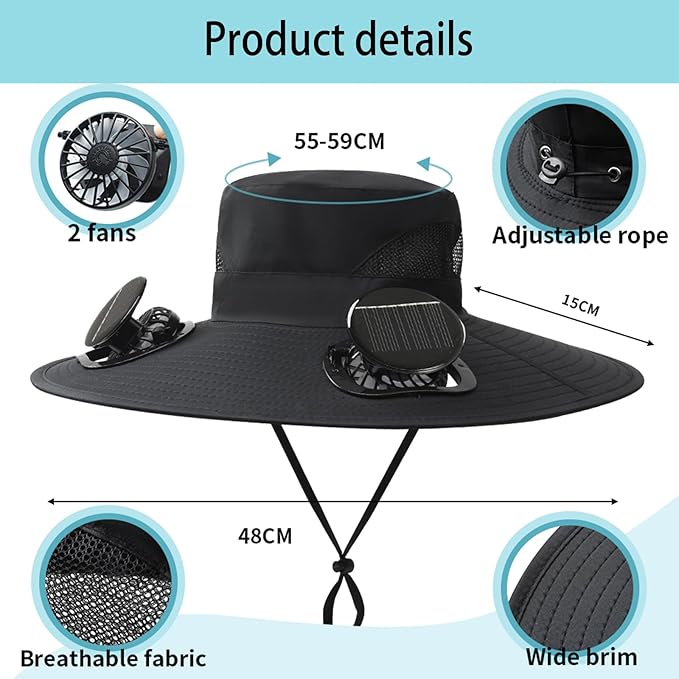 Hat with Fans Solar Power, Wide-Brim Sun Hat with 2 Solar Fan