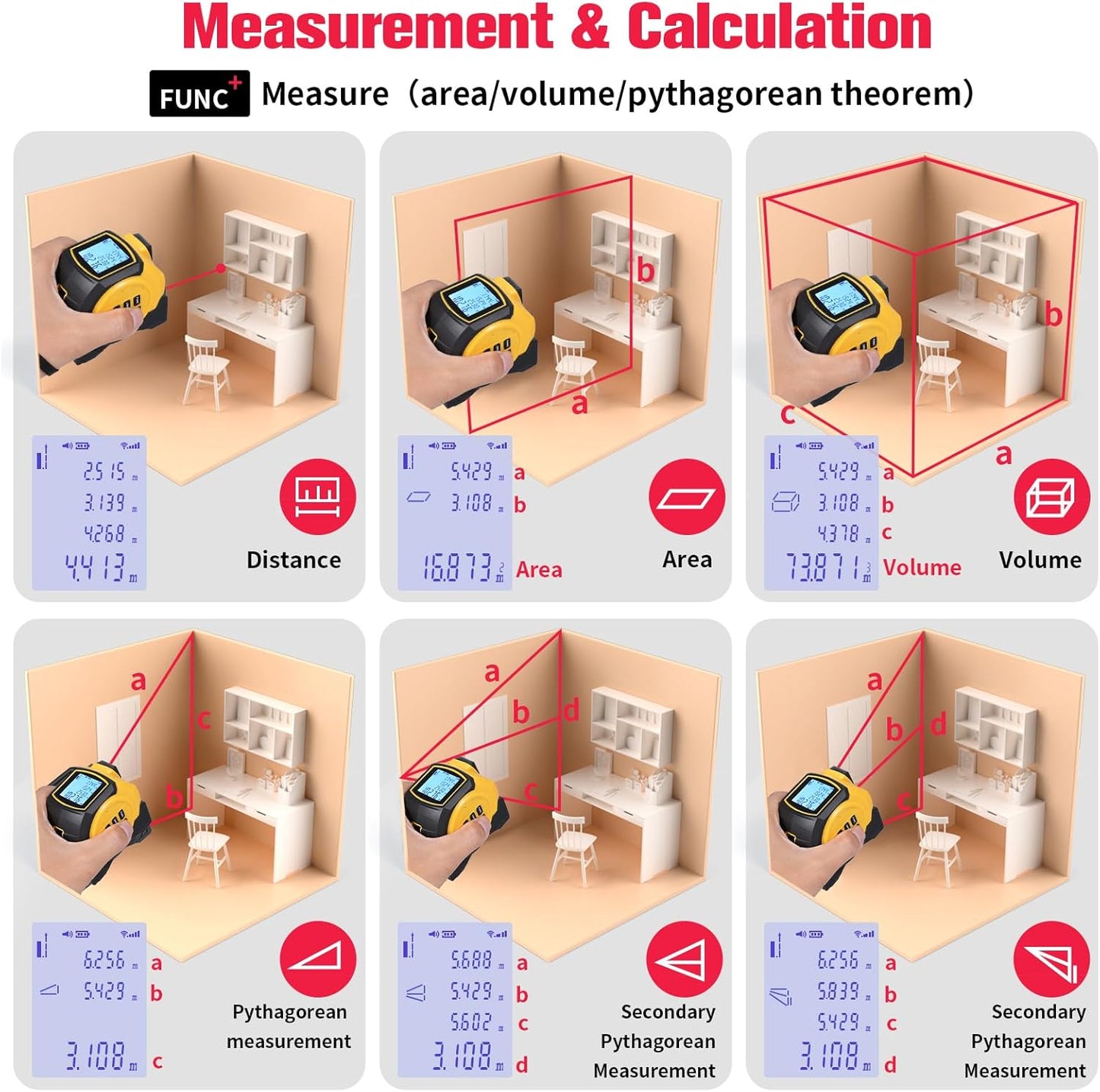 3 in 1 Laser Rangefinder Tape Measure 135ft