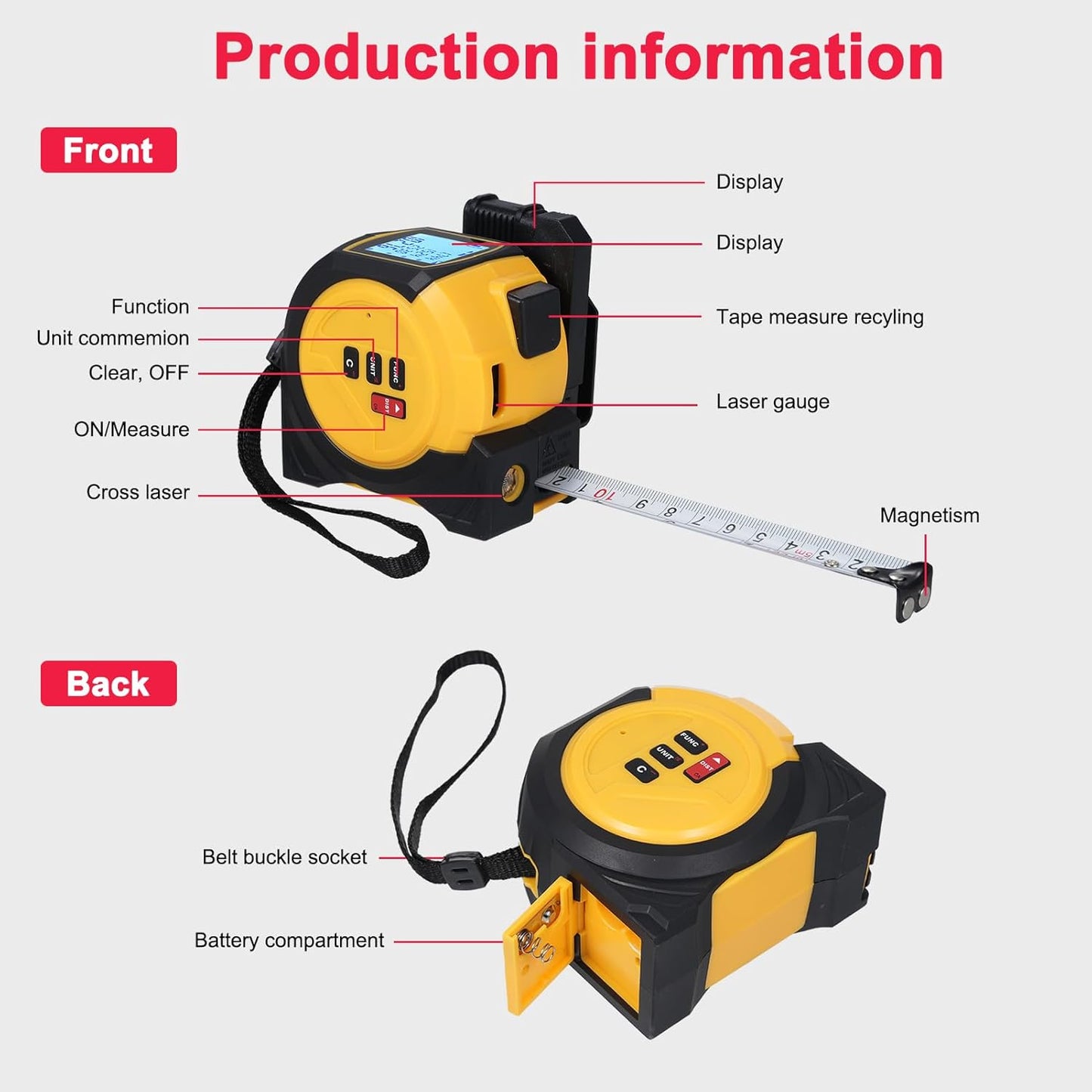 3 in 1 Laser Rangefinder Tape Measure 135ft