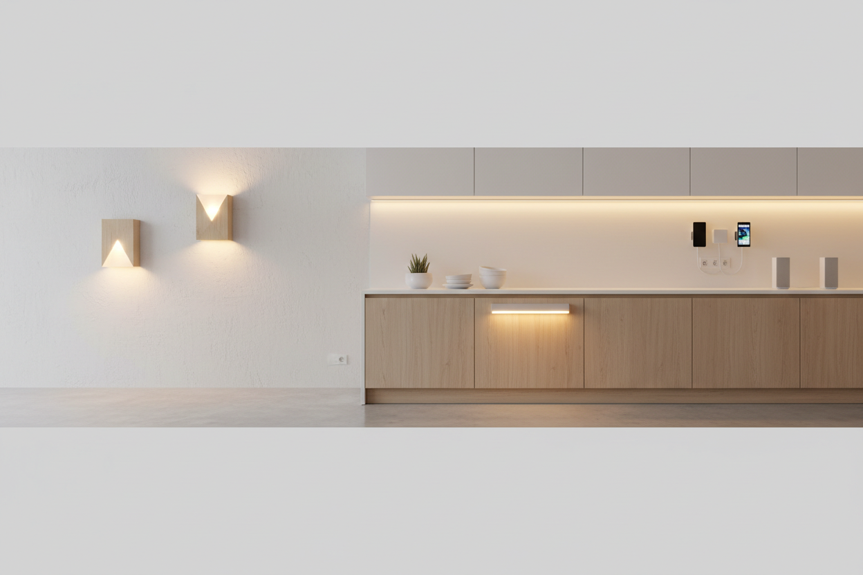smart home accessories and lighting, LED cabinet light, sensor light, wall-mounted fixtures, clean modern African home interior, warm lighting, white and light wood color palette, realistic lifestyle photography, cozy and functional atmosphere, e-commerce category banner, wide banner format, no people, no text
